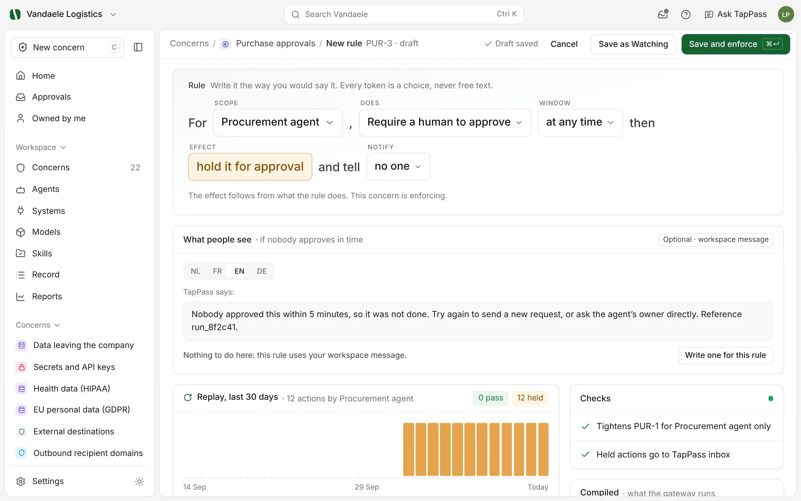 TapPass rule composer: For Procurement agent, Require a human to approve, at any time, then hold it for approval