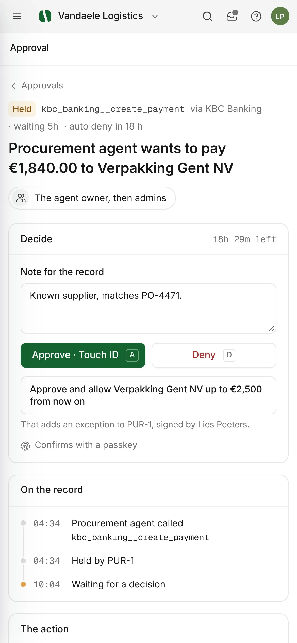 TapPass approval on a phone: Procurement agent wants to pay 1,840 euro to Verpakking Gent NV