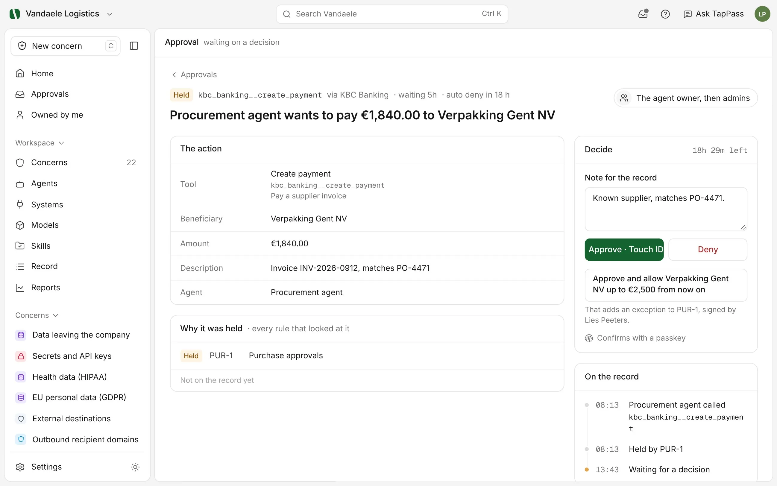 TapPass approval on desktop: Procurement agent wants to pay 1,840 euro to Verpakking Gent NV, held by PUR-1
